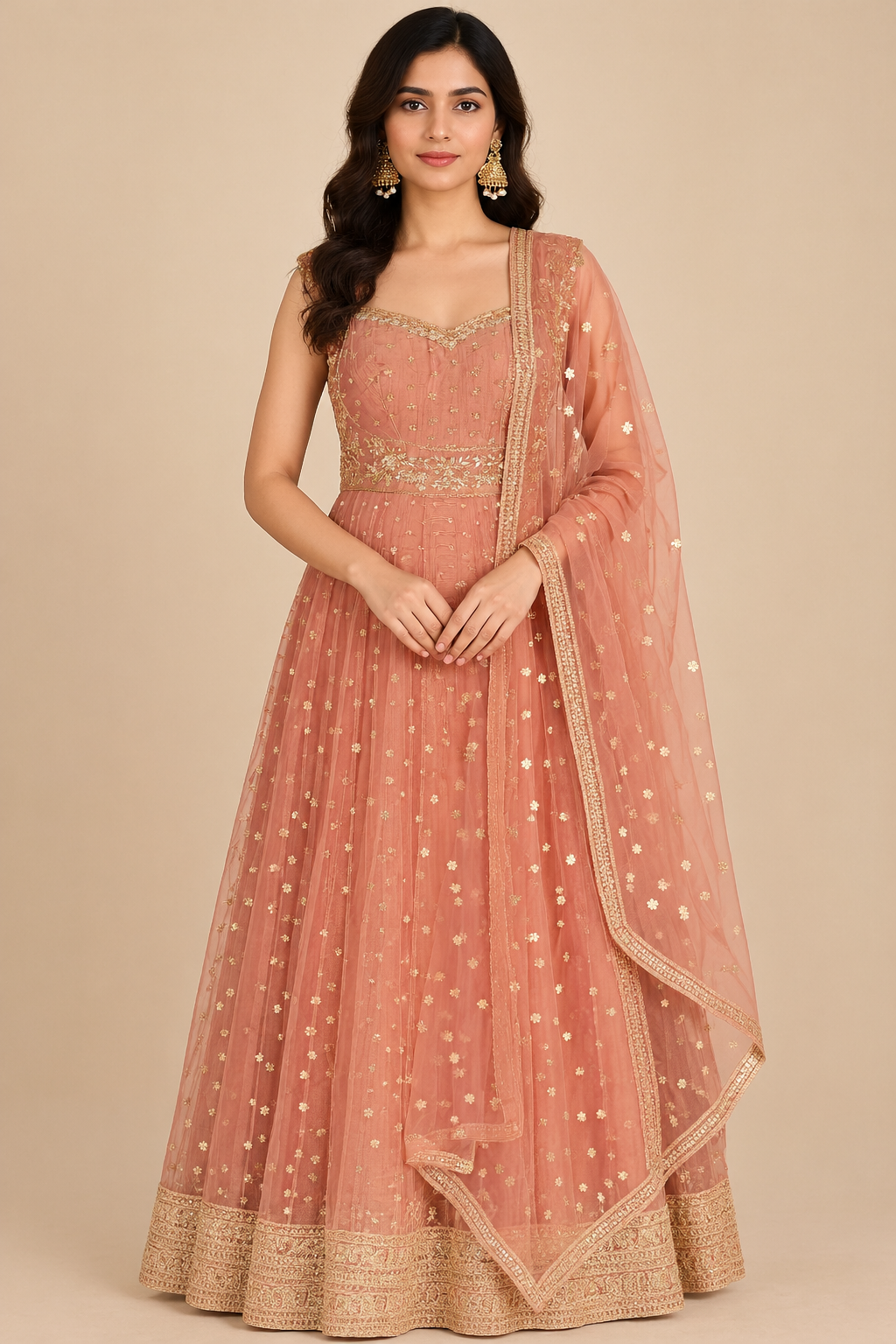 Peach Gold Embroidered Anarkali Lehenga Set with Dupatta